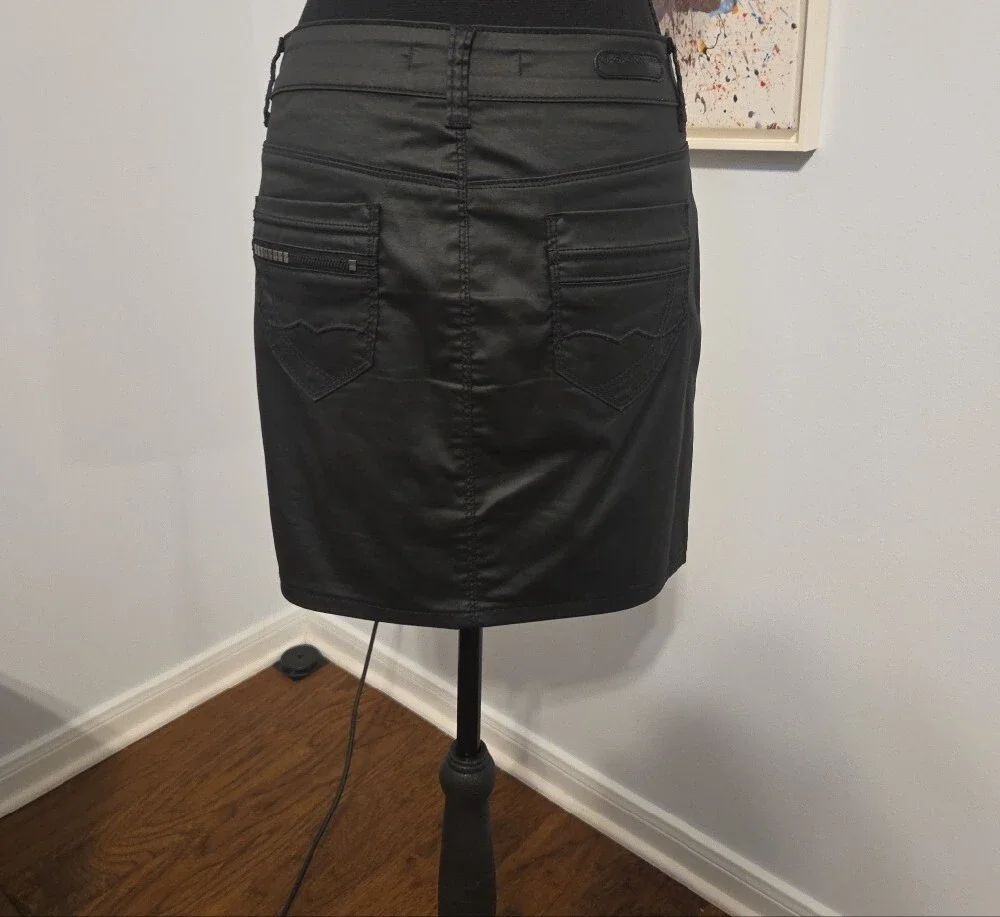 Black Waxed Fabric Pencil Skirt - Women